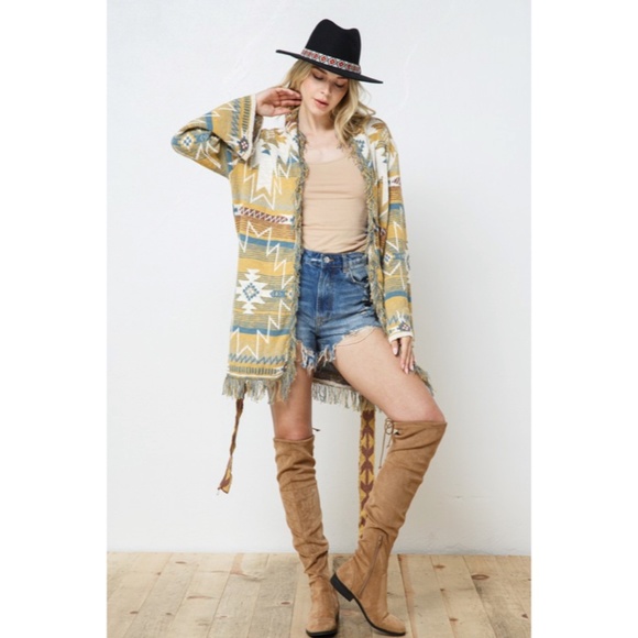 SOLD OUT Mustard Fringe Western Native Aztec Belted Tie Knit Cardigan Sweater - Picture 9 of 9